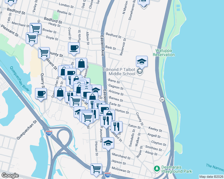 map of restaurants, bars, coffee shops, grocery stores, and more near 478 U.S. 6 in Fall River