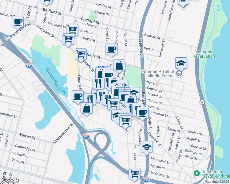 map of restaurants, bars, coffee shops, grocery stores, and more near 1386 Pleasant Street in Fall River
