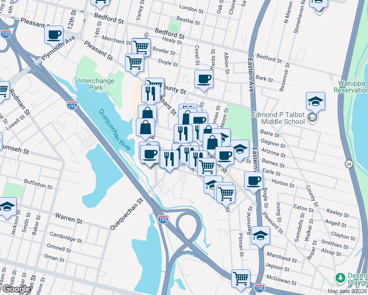 map of restaurants, bars, coffee shops, grocery stores, and more near 281 Harrison Street in Fall River