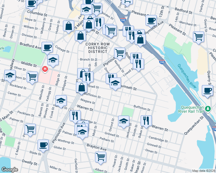 map of restaurants, bars, coffee shops, grocery stores, and more near 208 Snell Street in Fall River