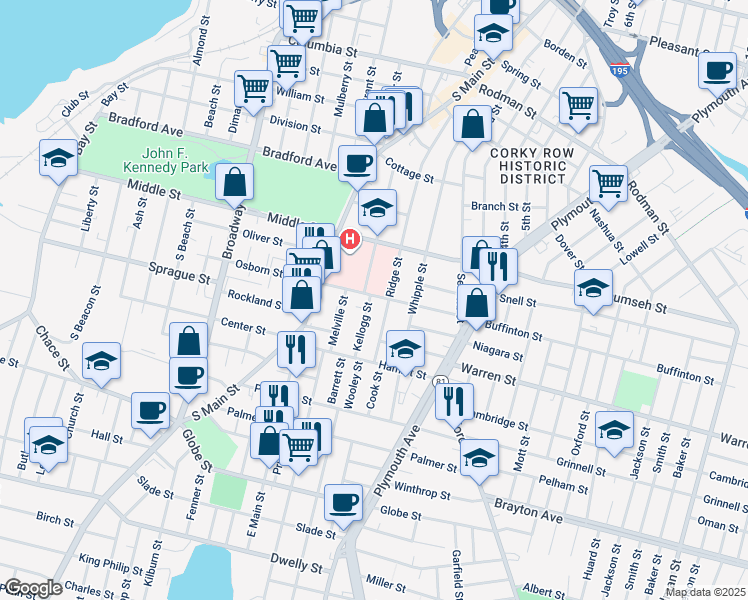 map of restaurants, bars, coffee shops, grocery stores, and more near 34 Kellogg Street in Fall River