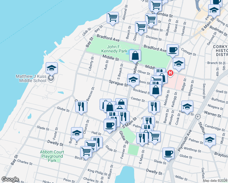 map of restaurants, bars, coffee shops, grocery stores, and more near 299 Center Street in Fall River