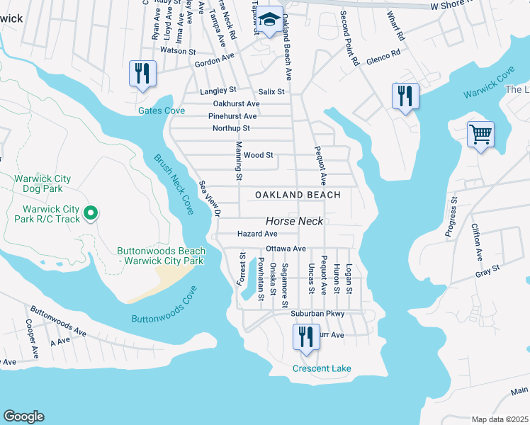 map of restaurants, bars, coffee shops, grocery stores, and more near 86 Wilson Avenue in Warwick