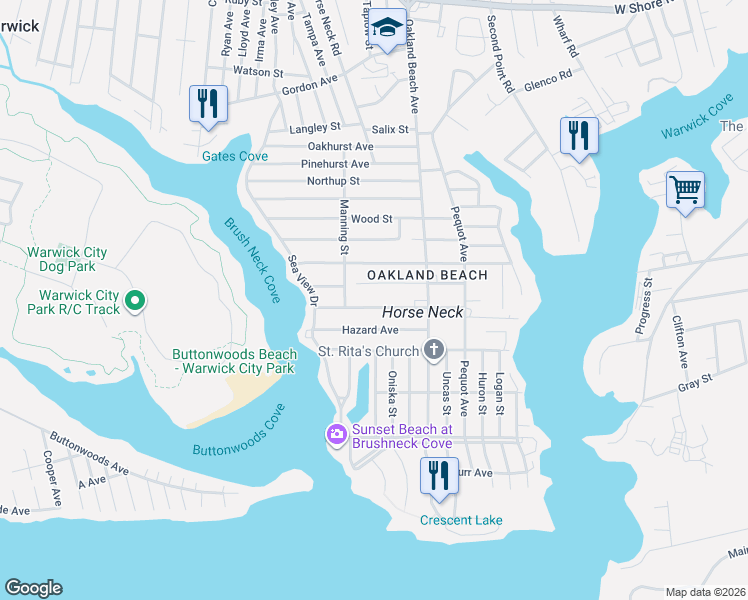 map of restaurants, bars, coffee shops, grocery stores, and more near 86 Wilson Avenue in Warwick