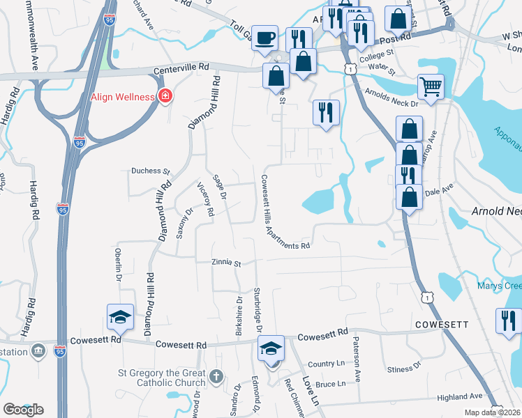 map of restaurants, bars, coffee shops, grocery stores, and more near 16 Cowesett Hills Apartments Road in Warwick