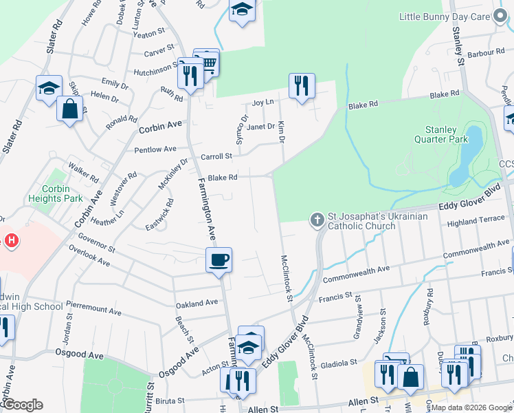 map of restaurants, bars, coffee shops, grocery stores, and more near 56 Sandy Brook Drive in New Britain