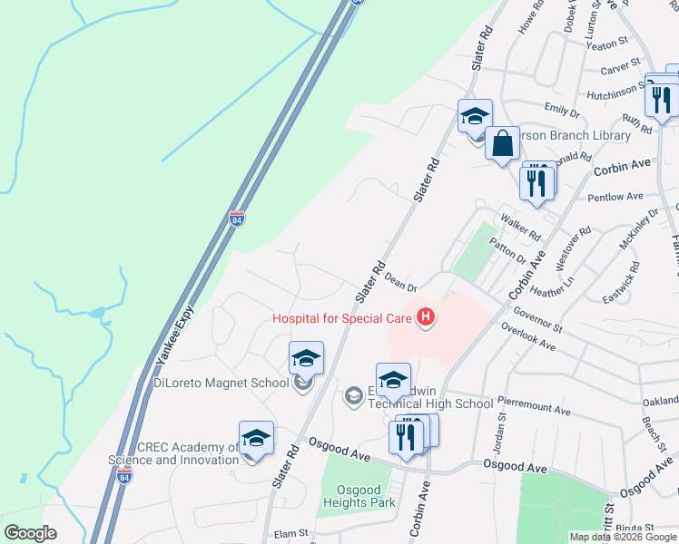 map of restaurants, bars, coffee shops, grocery stores, and more near 52 James Avenue in New Britain