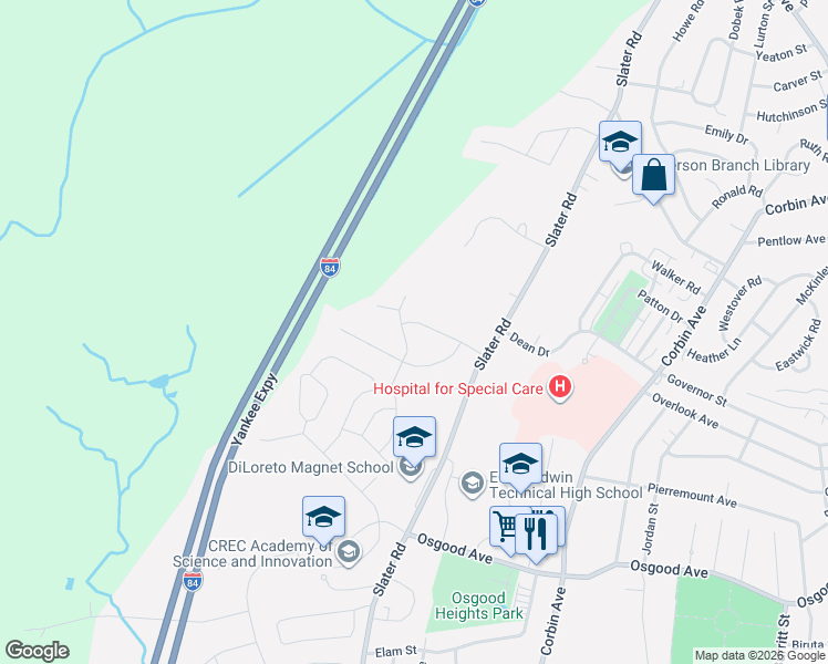 map of restaurants, bars, coffee shops, grocery stores, and more near 160 Nancy Road in New Britain