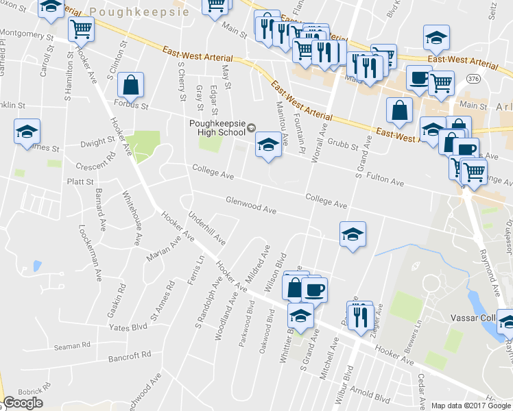 map of restaurants, bars, coffee shops, grocery stores, and more near 44 Glenwood Avenue in Poughkeepsie