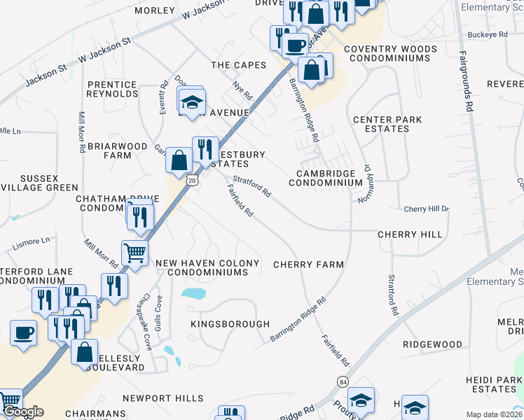 map of restaurants, bars, coffee shops, grocery stores, and more near 95 Fairfield Road in Painesville