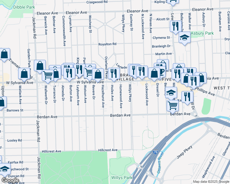 map of restaurants, bars, coffee shops, grocery stores, and more near 3916 Hoiles Avenue in Toledo