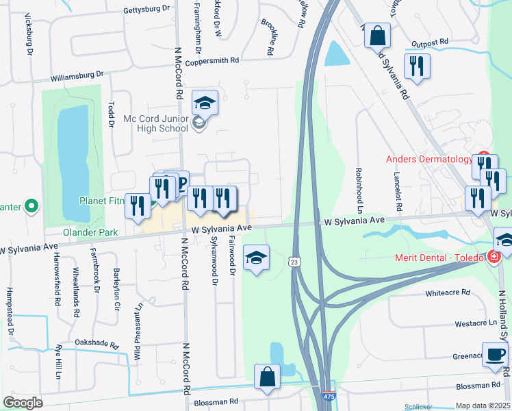 map of restaurants, bars, coffee shops, grocery stores, and more near 4026 Stonehenge Drive in Sylvania