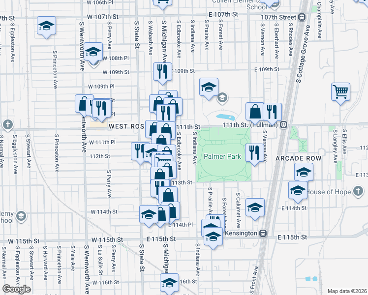 map of restaurants, bars, coffee shops, grocery stores, and more near 11155 South Edbrooke Avenue in Chicago
