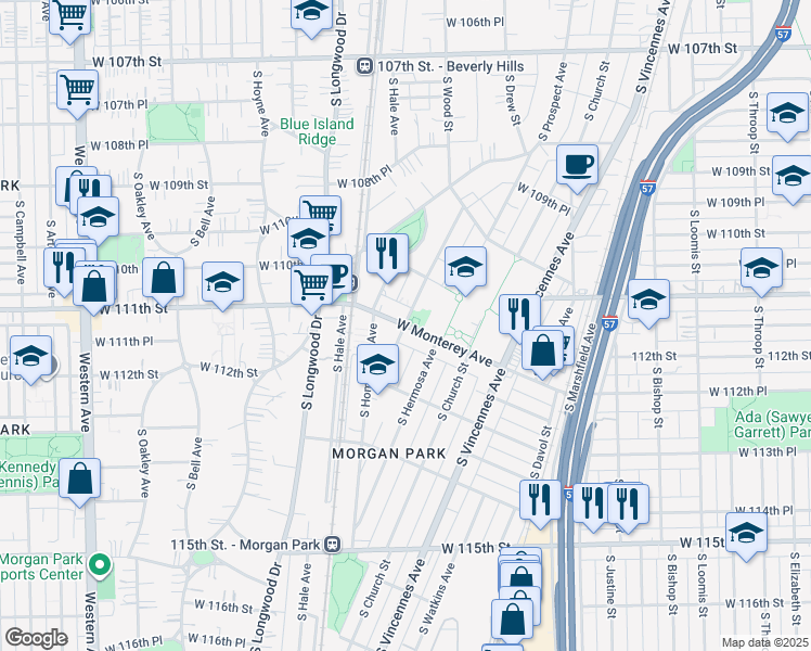 map of restaurants, bars, coffee shops, grocery stores, and more near 11140 South Esmond Street in Chicago