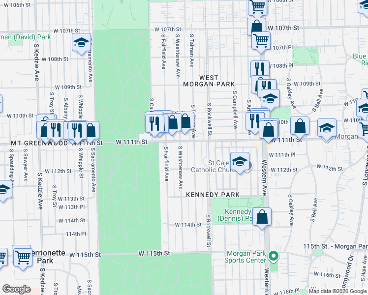 map of restaurants, bars, coffee shops, grocery stores, and more near 11123 South Washtenaw Avenue in Chicago