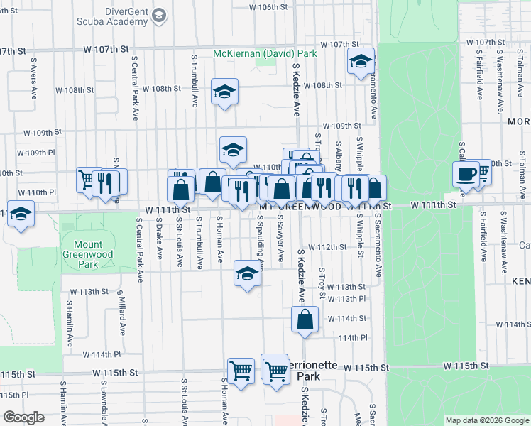 map of restaurants, bars, coffee shops, grocery stores, and more near 11116 South Spaulding Avenue in Chicago