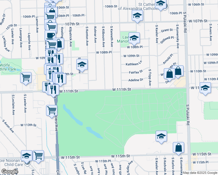 map of restaurants, bars, coffee shops, grocery stores, and more near in Oak Lawn