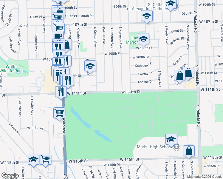 map of restaurants, bars, coffee shops, grocery stores, and more near 4500 West 111th Street in Oak Lawn