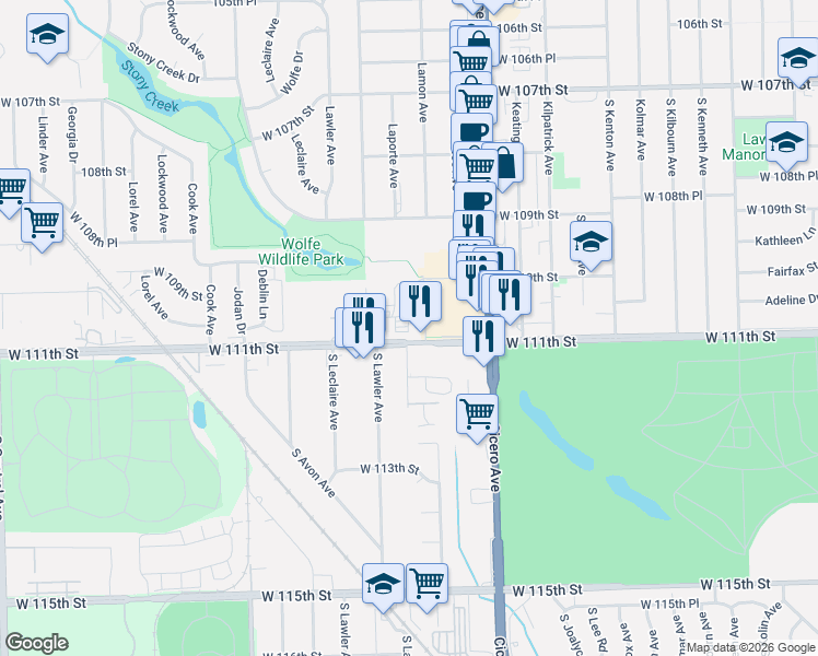 map of restaurants, bars, coffee shops, grocery stores, and more near 4830-4948 West 111th Street in Oak Lawn