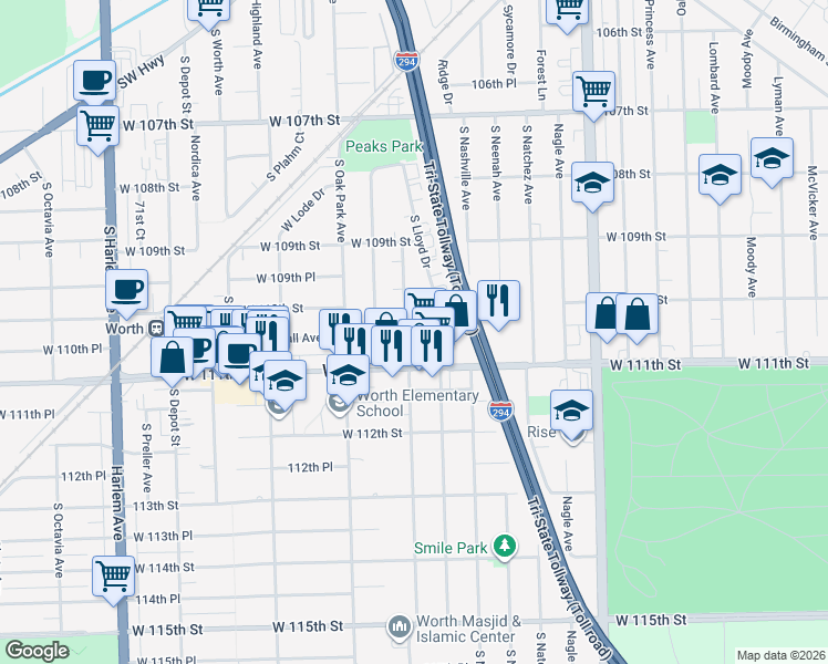 map of restaurants, bars, coffee shops, grocery stores, and more near 6710 West 111th Street in Worth