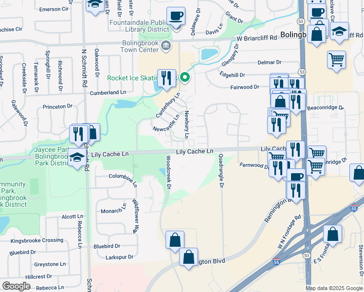 map of restaurants, bars, coffee shops, grocery stores, and more near 317 Summerbreeze Court in Bolingbrook
