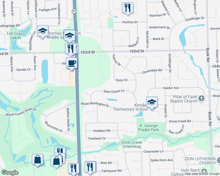 map of restaurants, bars, coffee shops, grocery stores, and more near 23752 Deer Chase Lane in Naperville