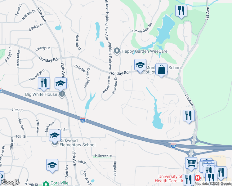 map of restaurants, bars, coffee shops, grocery stores, and more near 1441 Eastview Drive in Coralville