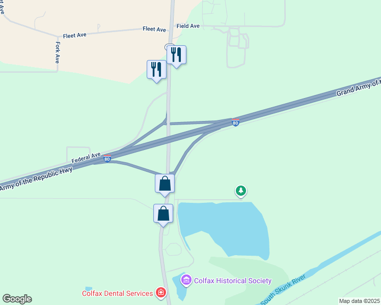 map of restaurants, bars, coffee shops, grocery stores, and more near Orchard Avenue in Colfax