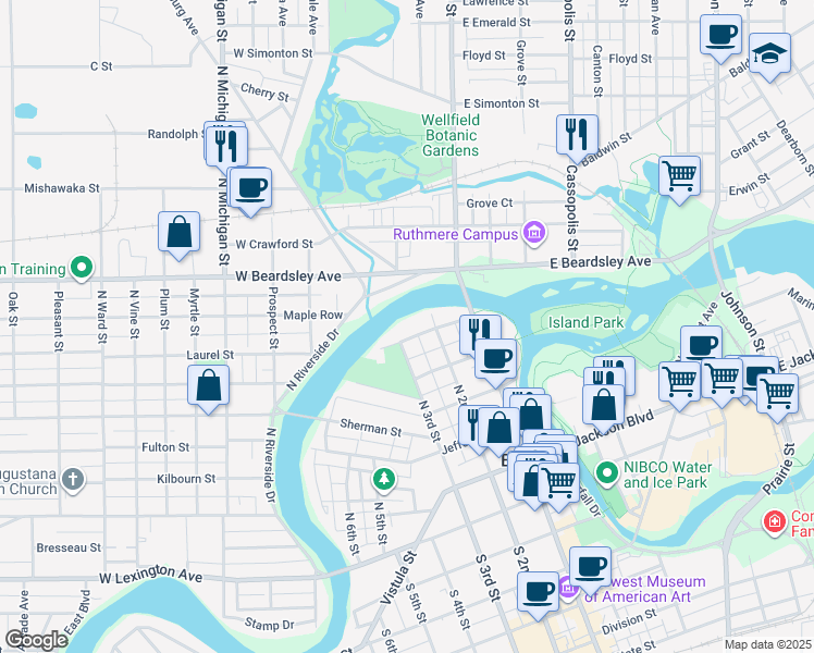 map of restaurants, bars, coffee shops, grocery stores, and more near 230 Pottawattomi Drive in Elkhart