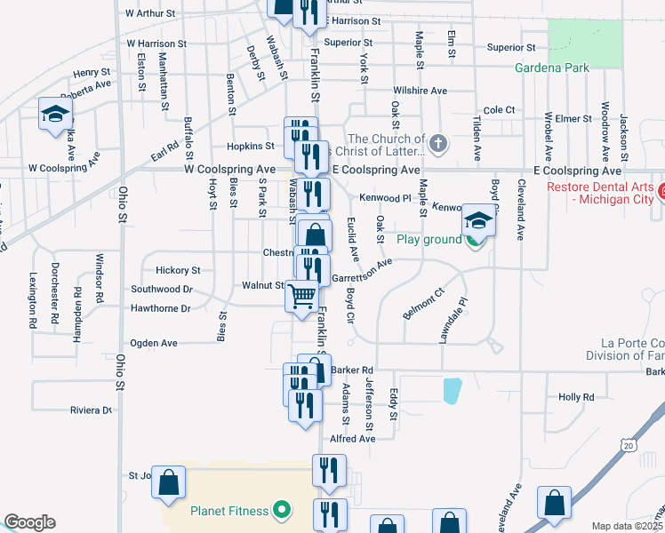 map of restaurants, bars, coffee shops, grocery stores, and more near 100-110 Garrettson Ave in Michigan City