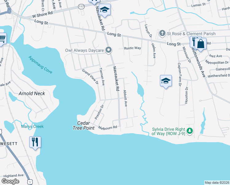 map of restaurants, bars, coffee shops, grocery stores, and more near 70 Naughton Avenue in Warwick