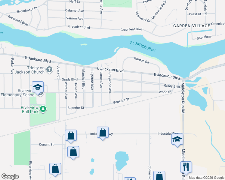 map of restaurants, bars, coffee shops, grocery stores, and more near 3407 Wood Street in Elkhart