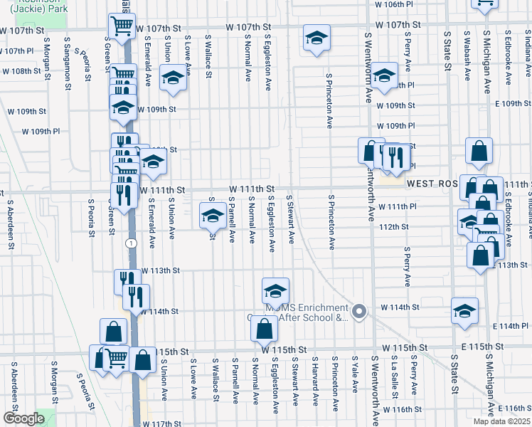 map of restaurants, bars, coffee shops, grocery stores, and more near 11136 South Eggleston Avenue in Chicago