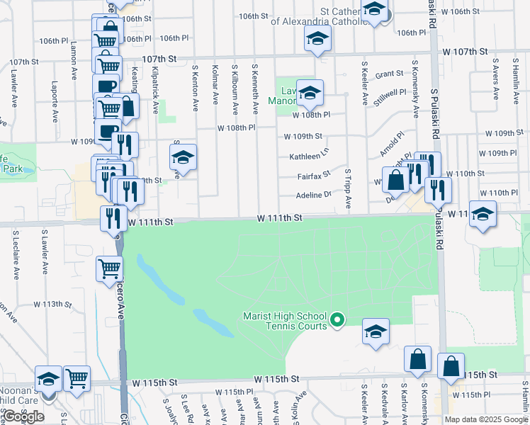 map of restaurants, bars, coffee shops, grocery stores, and more near 4420 West 111th Street in Oak Lawn
