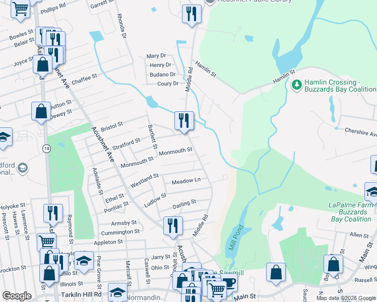 map of restaurants, bars, coffee shops, grocery stores, and more near 2 Elwood Lane in Acushnet