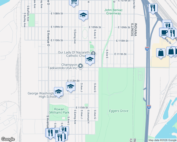 map of restaurants, bars, coffee shops, grocery stores, and more near 11227 South Avenue H in Chicago