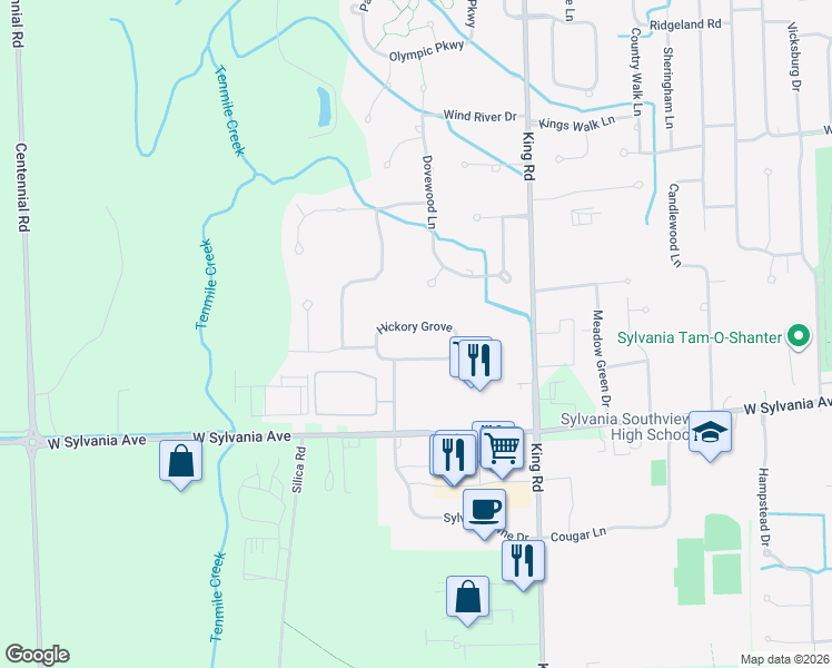 map of restaurants, bars, coffee shops, grocery stores, and more near 7708 Sylvan Oaks Way in Sylvania