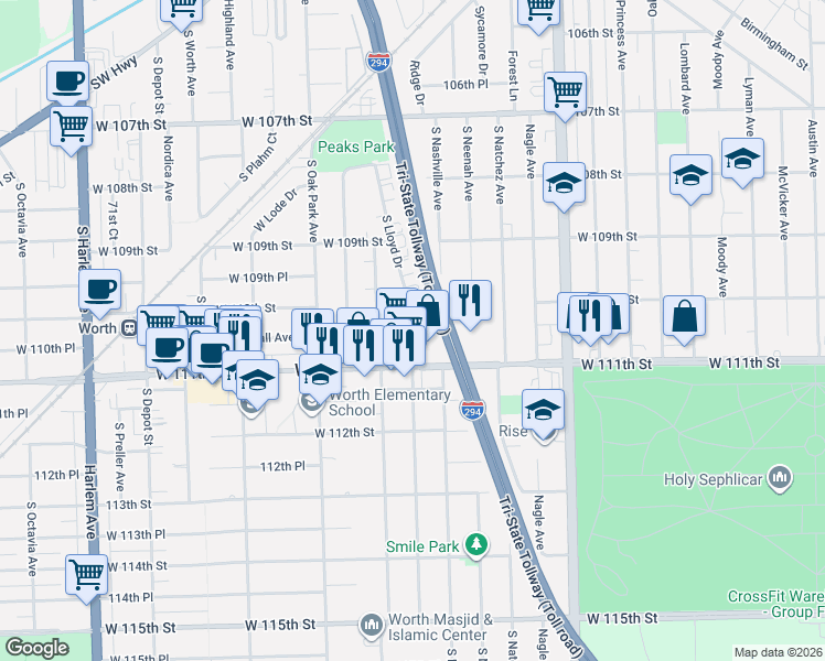 map of restaurants, bars, coffee shops, grocery stores, and more near 6602 West 111th Street in Worth