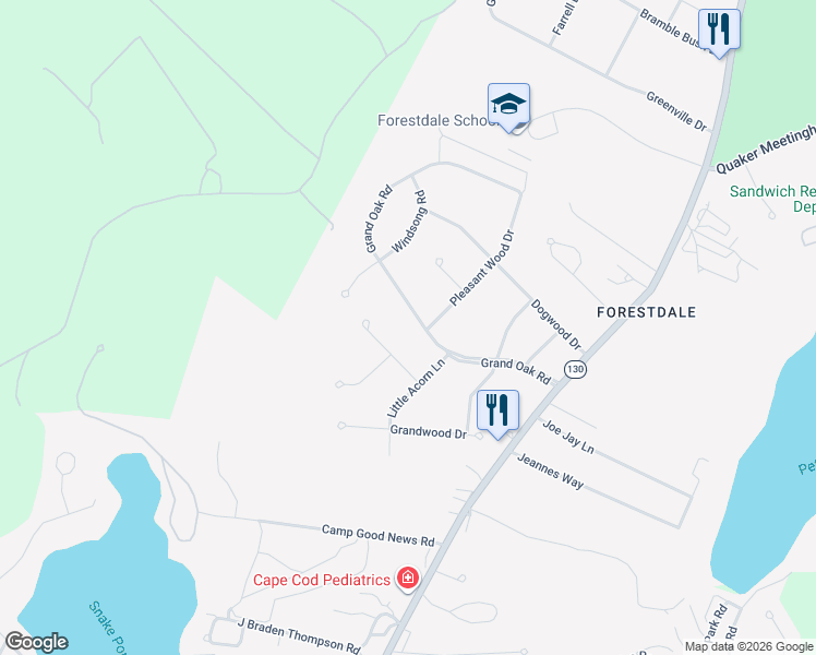 map of restaurants, bars, coffee shops, grocery stores, and more near 8 Ladyslipper Lane in Sandwich