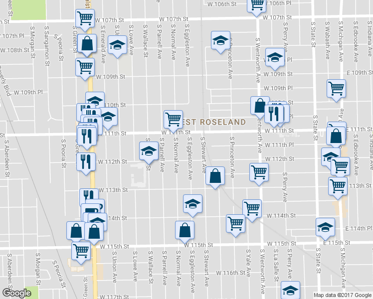 map of restaurants, bars, coffee shops, grocery stores, and more near 11136 South Eggleston Avenue in Chicago