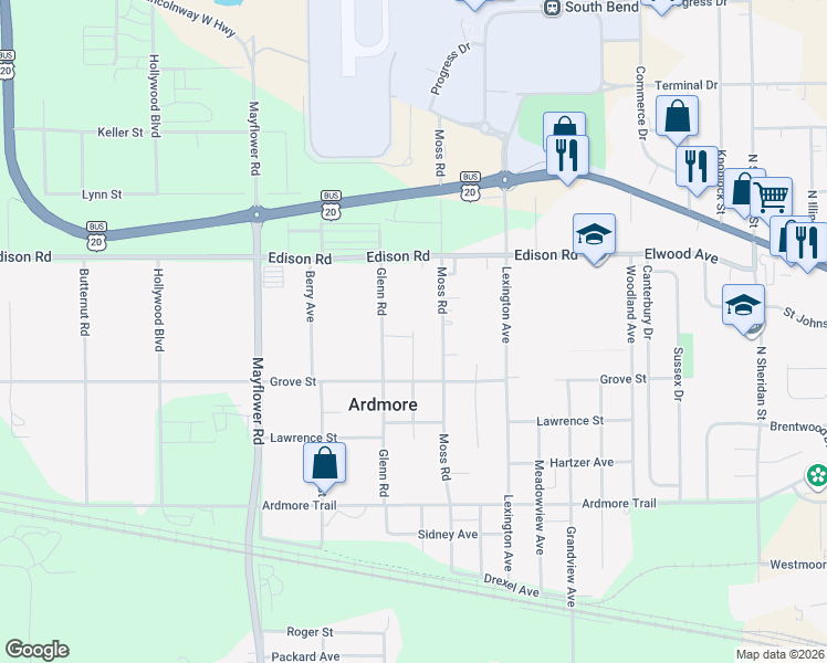 map of restaurants, bars, coffee shops, grocery stores, and more near 55130 Melrose Avenue in South Bend