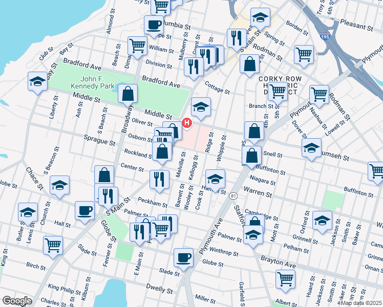 map of restaurants, bars, coffee shops, grocery stores, and more near 34 Kellogg Street in Fall River