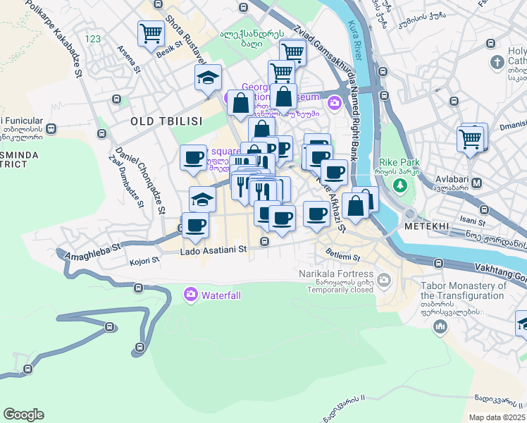 map of restaurants, bars, coffee shops, grocery stores, and more near Mikheil Lermontovi Street in T'bilisi