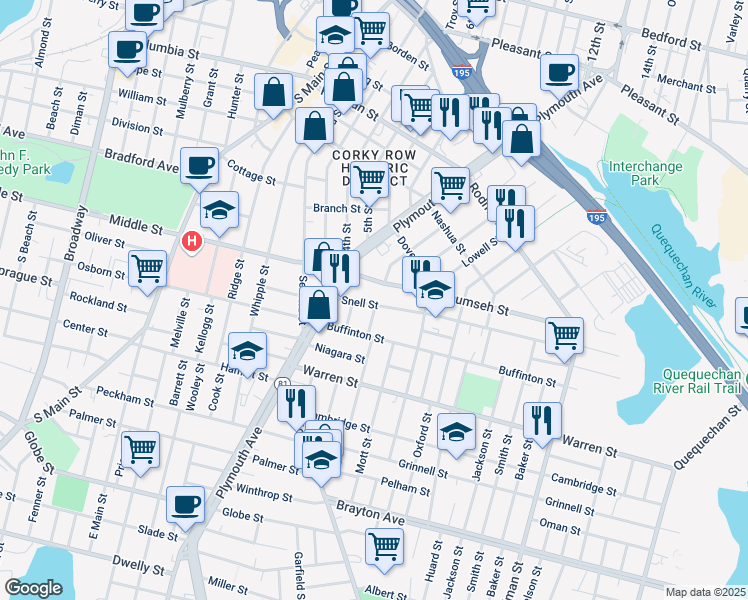map of restaurants, bars, coffee shops, grocery stores, and more near 90 Snell Street in Fall River