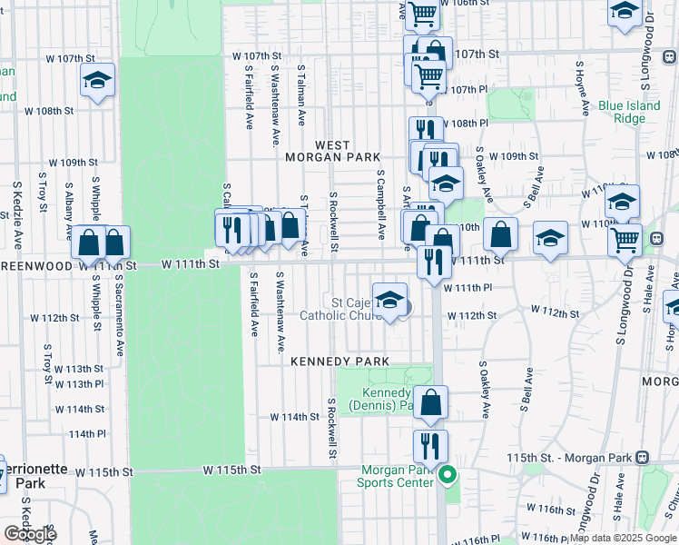 map of restaurants, bars, coffee shops, grocery stores, and more near 11122 South Maplewood Avenue in Chicago