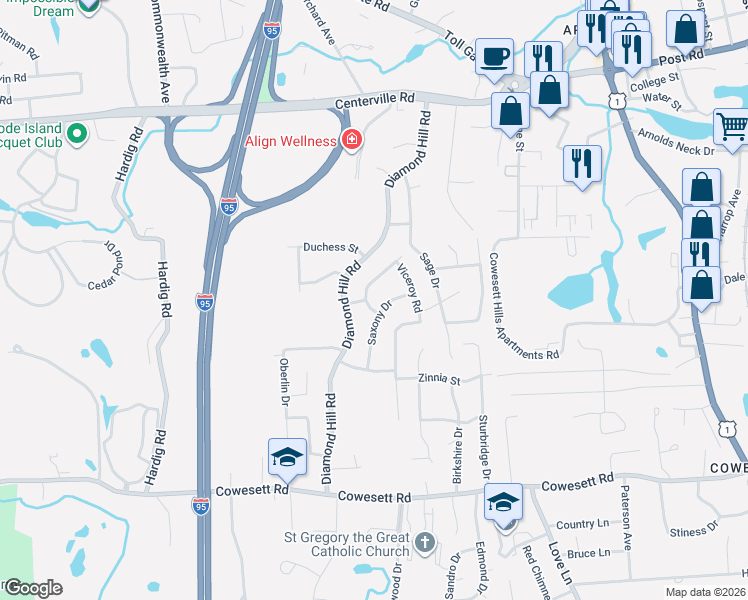 map of restaurants, bars, coffee shops, grocery stores, and more near 21 Judge Street in Warwick