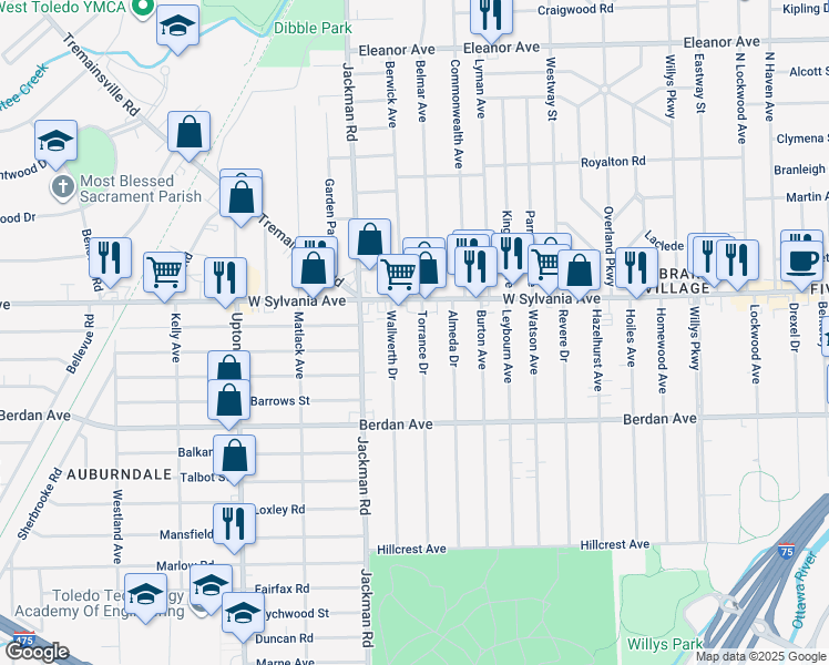 map of restaurants, bars, coffee shops, grocery stores, and more near 3933 Torrance Drive in Toledo