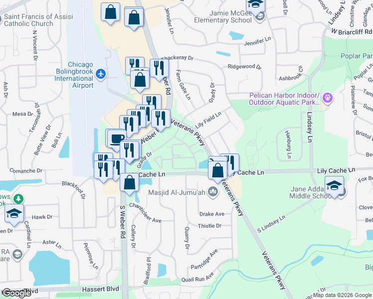 map of restaurants, bars, coffee shops, grocery stores, and more near 1150 Lily Cache Lane in Bolingbrook