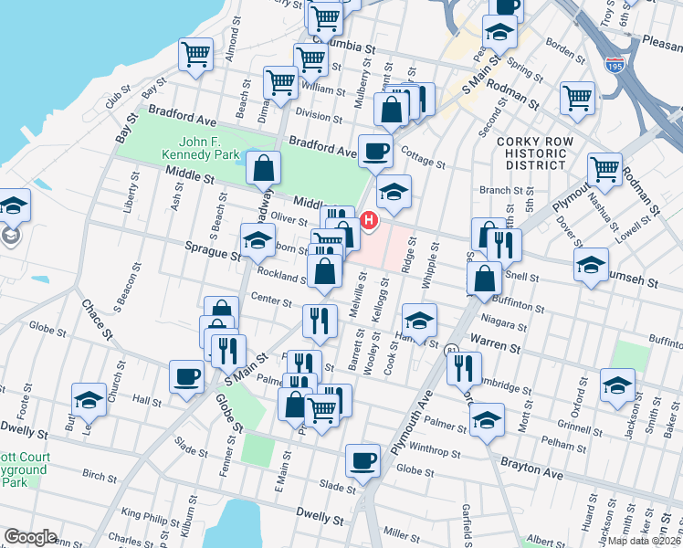 map of restaurants, bars, coffee shops, grocery stores, and more near 71 Melville Street in Fall River