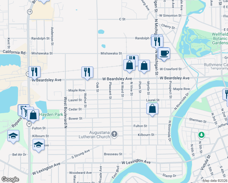map of restaurants, bars, coffee shops, grocery stores, and more near 610 Pleasant St in Elkhart